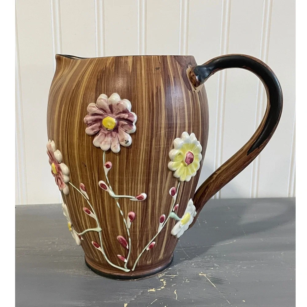 Vintage Hand Painted Italy Ceramic Floral Pitcher Brown‎ Wood Grain 3D Daisy Jug
